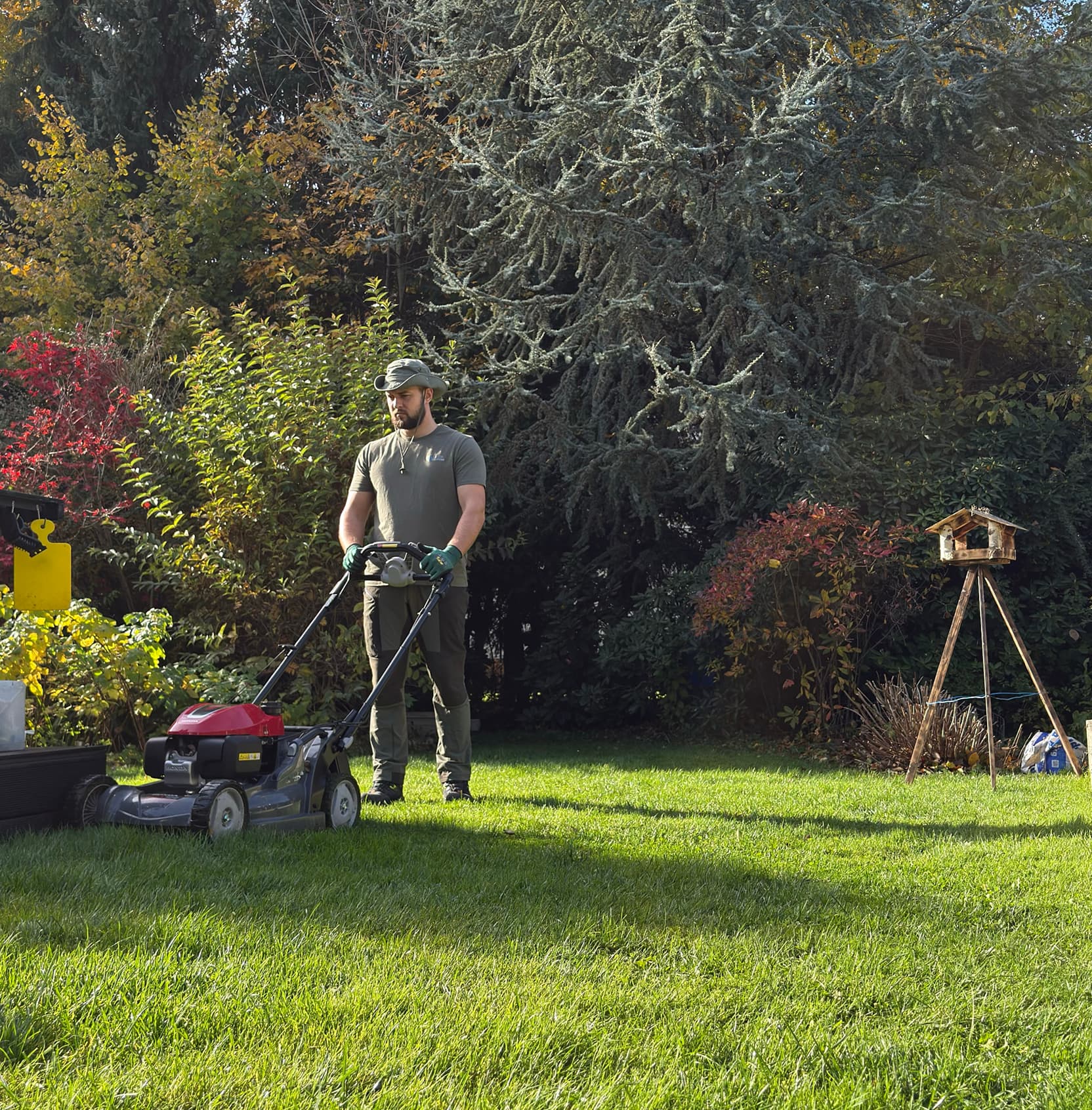 Gartenpfleger mäht eine Rasenfläche mit einem Rasenmäher in einem privaten Garten.