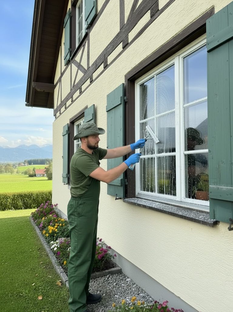 Vlad von ReiRa Services bei der Fensterreinigung außen in Traunreut