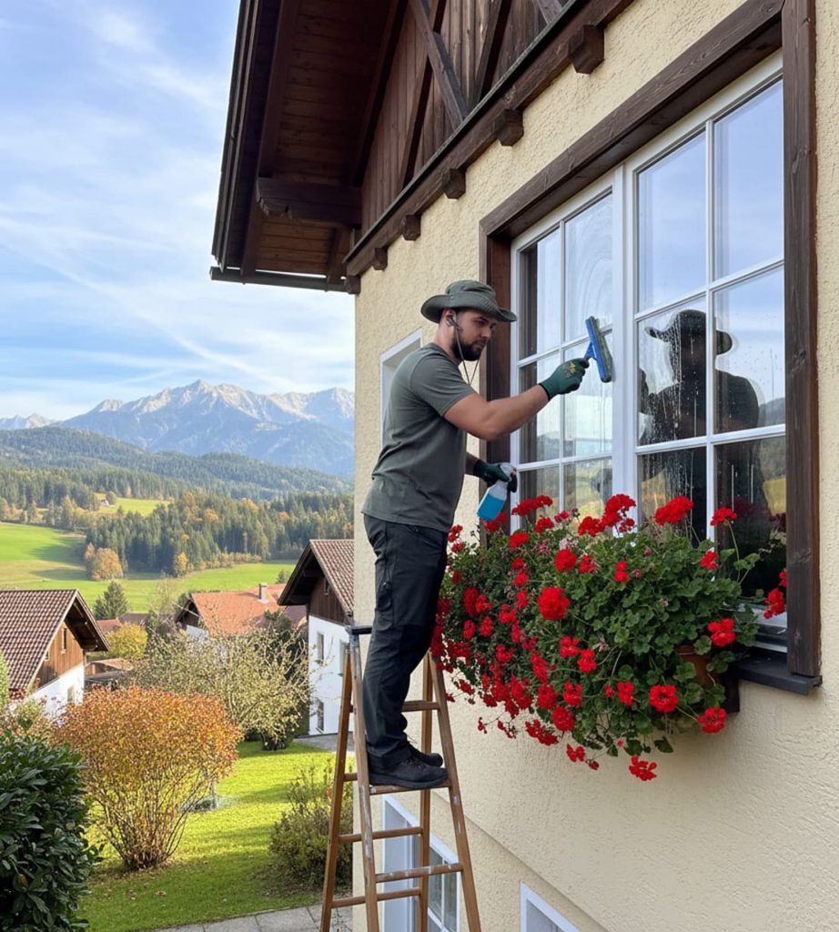 Fensterreinigung auf der Leiter im Chiemgau – ReiRa Services Traunreut
