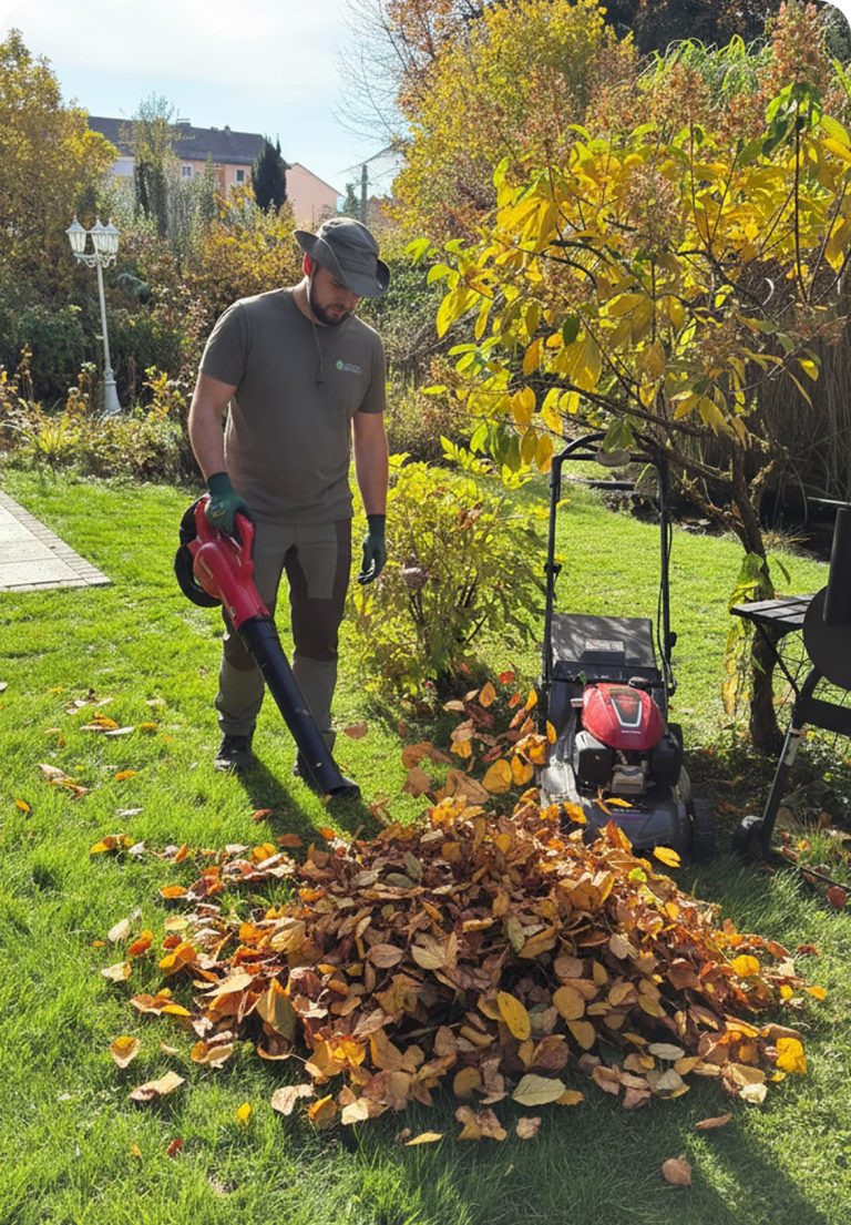 Laubbeseitigung mit Laubbläser im Herbst – ReiRa Gartenservice Traunreut